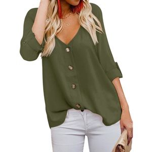 Olive Green Flowy V-Neck Button Shirt